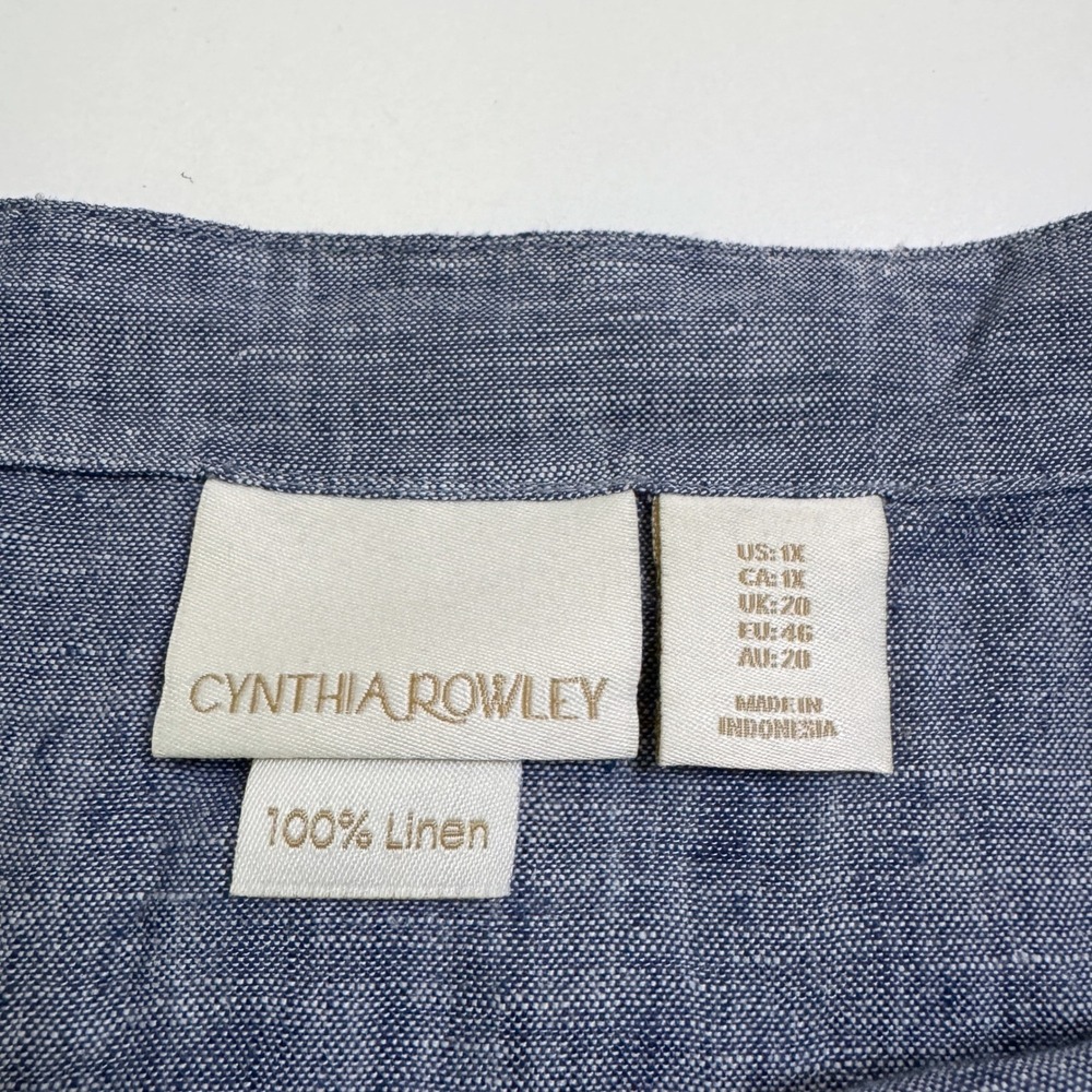 Cynthia Rowley 100% Linen Top Womens 1X Blue Chambray Bell Sleeve Boho Lagenlook - Picture 2 of 4